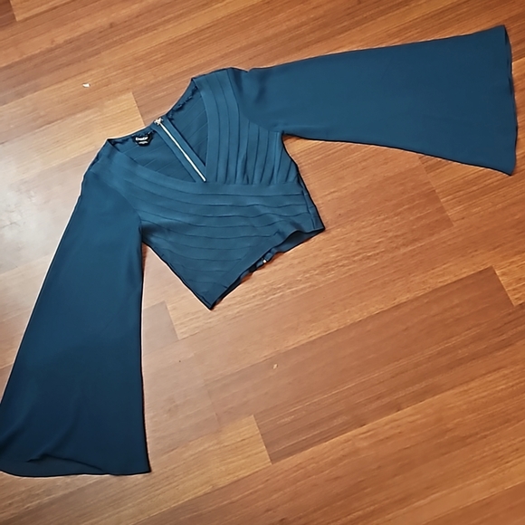 BEBE Crop Blouse Plunging Neckline Sheer Bell Sleeves Zip Back, Dark Teal- Large - Picture 2 of 10